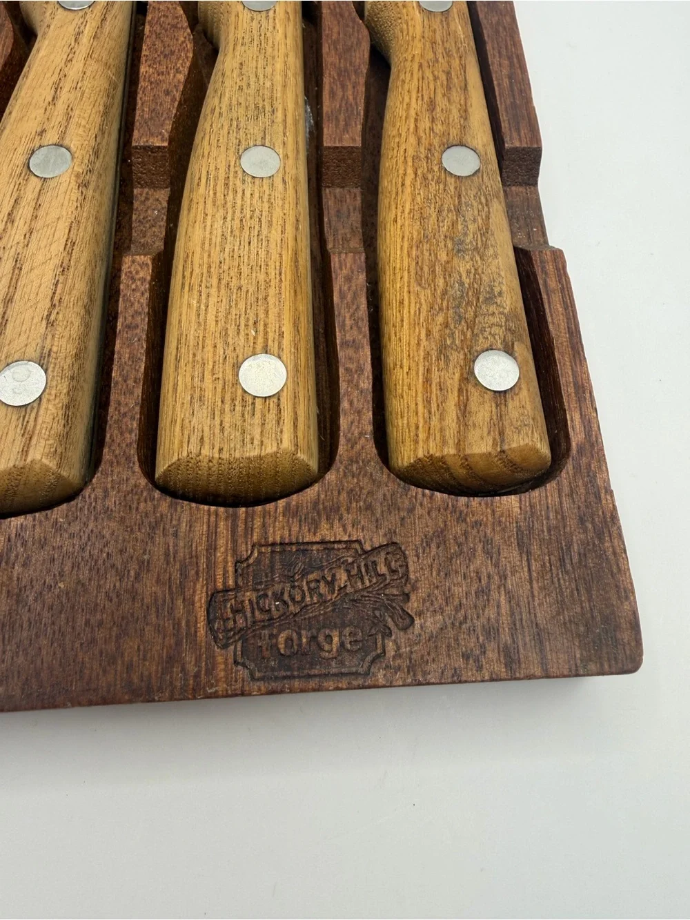 Vintage Hickory Forge Japan 6 Steak Knives Wood Handles & Wall Rack